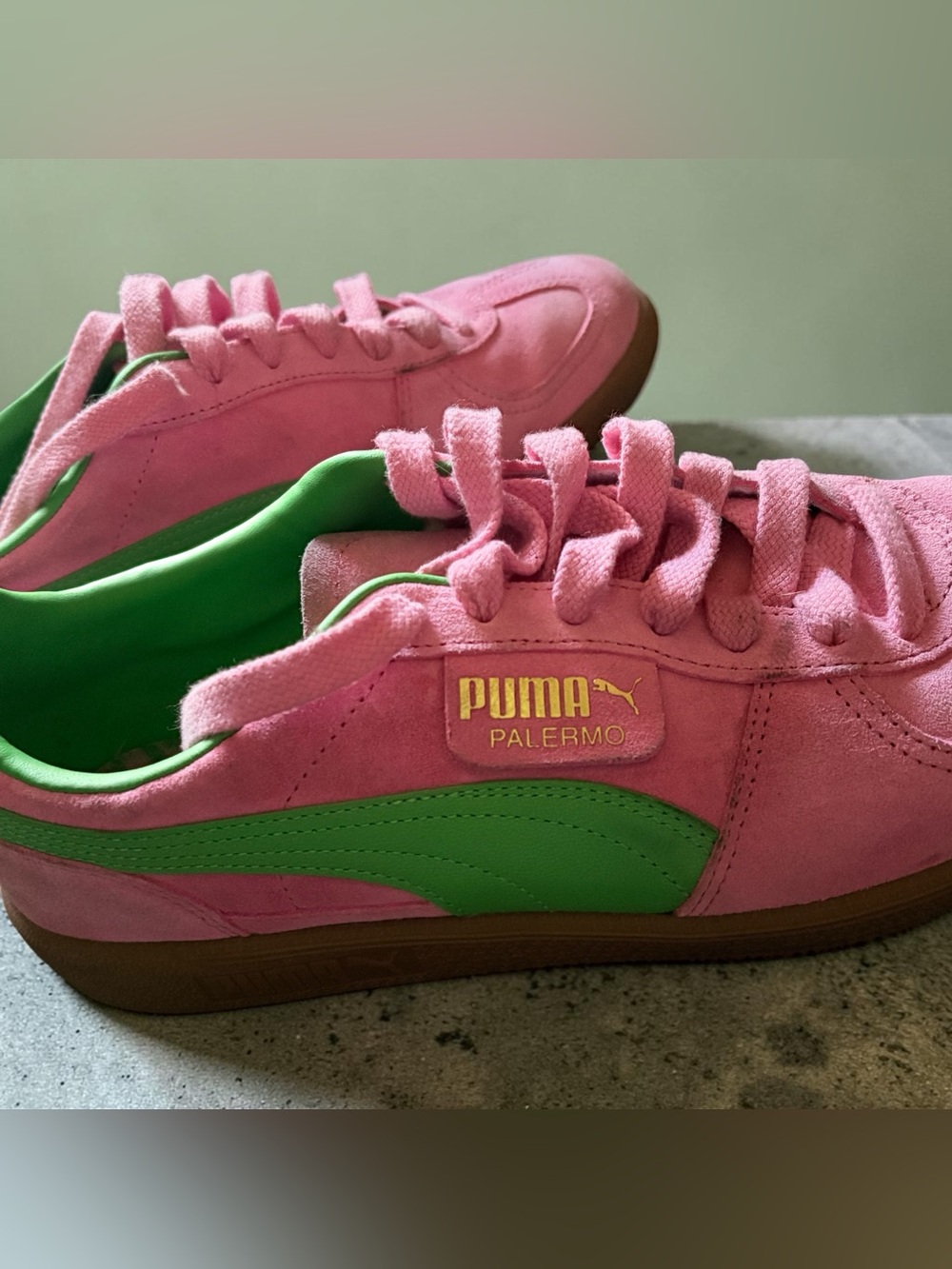 Puma Palermo Special Pink Delight & Puma Green Suede Sneakers - Men's Size 9.5